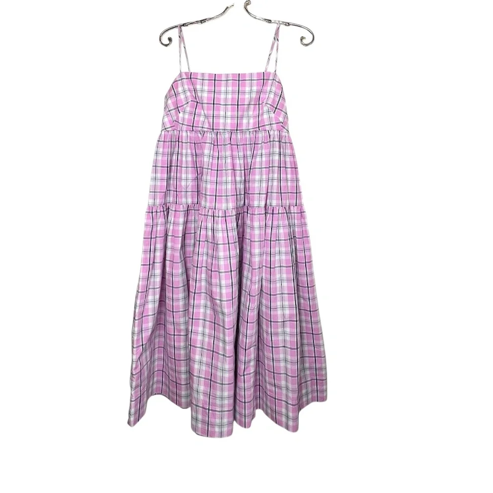 J Crew Tie Back Tiered Poplin Dress Violet/Pink Plaid Size 6